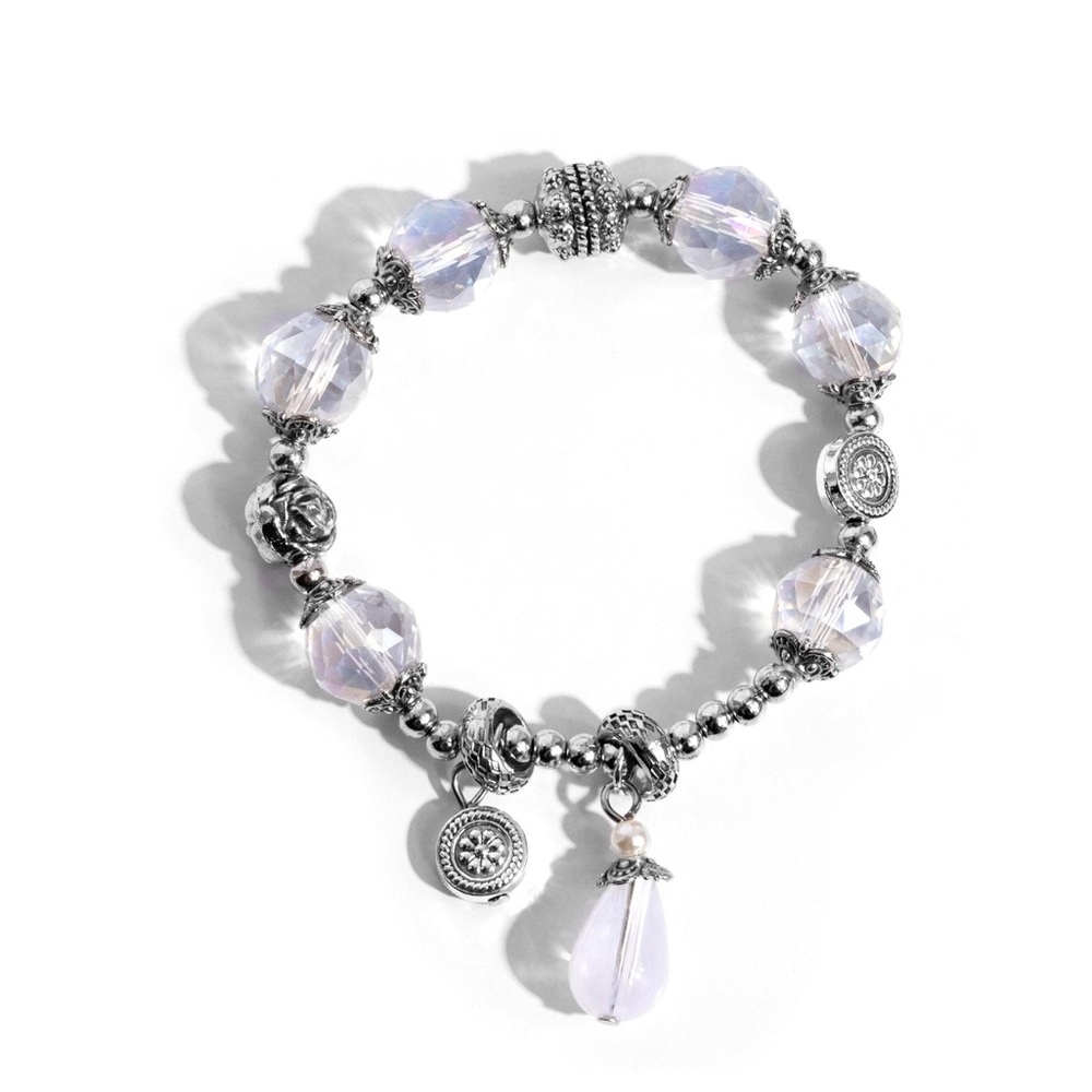 Silver Beaded Bracelet with Clear Charms